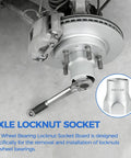 Heavy Duty 6-Point Truck Wheel Bearing Locknut Socket Set with Three Quarter Inch Driver in use on truck wheel hub
