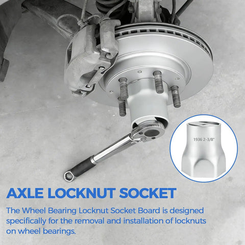 Heavy Duty 6-Point Truck Wheel Bearing Locknut Socket Set with Three Quarter Inch Driver in use on truck wheel hub