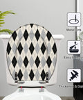 Round Black white checkered Toilet Seat displayed on a toilet, featuring a stylish diamond pattern and metal hinge.