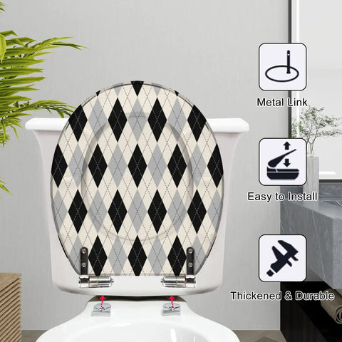 Round Black white checkered Toilet Seat displayed on a toilet, featuring a stylish diamond pattern and metal hinge.