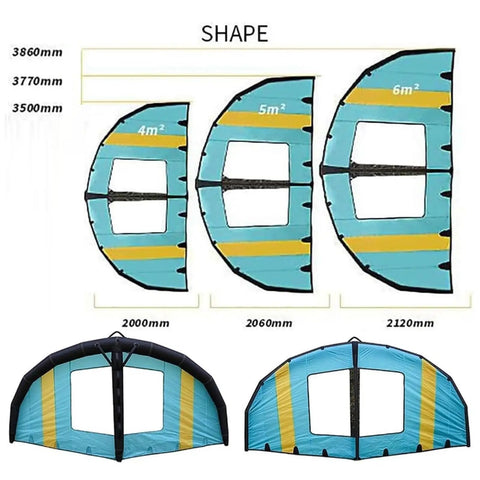 Diagram of Inflatable Windsurfing Wing Surfboard With Portable Sail And Handheld Foil Wing Kite For Water Sports And Snow Skiing showing 4m, 5m, 6m sizes.