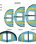 Diagram showing sizes and dimensions of Inflatable Surf Wing For Kitesurfing And Wind Foil in 4m², 5m², and 6m² options.