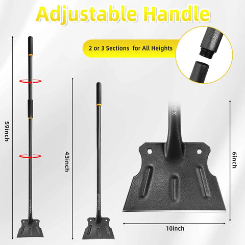 Heavy Duty Workhorse Garden Flat Shovel With 59 Inch Steel Handle, 9.5 Inch Wide Blade, adjustable sections illustrated