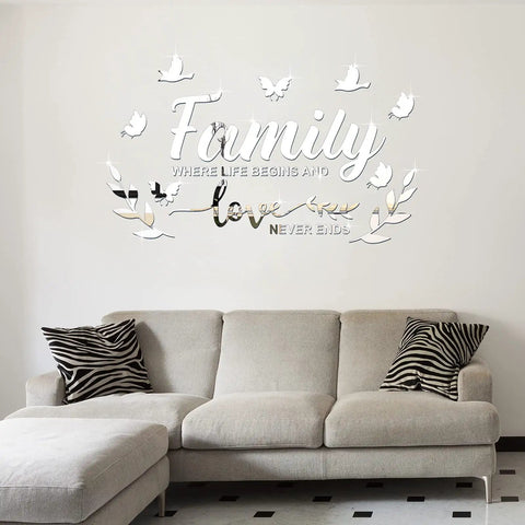 Dope 3D Acrylic Mirror Family Wall Decals Silver Finish With Motivational Quote Family Where Life Begins And Love Never Ends