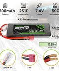 2S LiPo Battery 2200mAh 50C 7.4V with soft case and Dean T connector, showing dimensions and specs for RC cars, planes, UAVs.