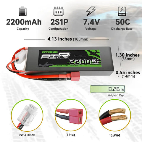 2S LiPo Battery 2200mAh 50C 7.4V with soft case and Dean T connector, showing dimensions and specs for RC cars, planes, UAVs.
