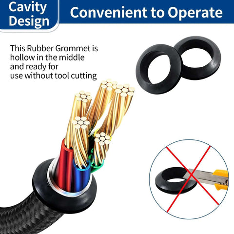 100 Piece Rubber Grommet Kit With 9 Size Hollow Firewall Hole Plugs For Wires And Cords, shown with cavity design and cable setup.
