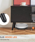 Mid Century Modern TV Stand For 55 To 60 Inch TVs With Storage, black wooden finish, solid wood legs with anti-scratch pads.