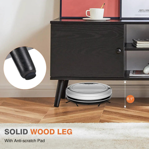 Mid Century Modern TV Stand For 55 To 60 Inch TVs With Storage, black wooden finish, solid wood legs with anti-scratch pads.