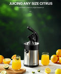 Electric Citrus Juicer With Brushed Stainless Steel Finish extracting juice with dual-size cones, surrounded by fresh fruit and drinks.