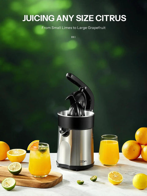 Electric Citrus Juicer With Brushed Stainless Steel Finish extracting juice with dual-size cones, surrounded by fresh fruit and drinks.