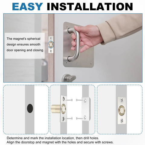 Installation of Magnetic Door Ball Catch Kit 8 Pack for Top Of Doors and Invisible Cabinet Doors with handle and latch detail.