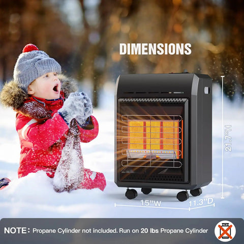 Outdoor Propane Heater Portable 6000 To 18000 BTU With Three Settings For Patio Cordless Tip Over Protection next to child in snow