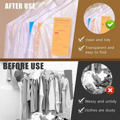 Before and after image showing clothes protected by 20 Pack Clear Garment Bags For Hanging Clothes Plastic Dry Cleaner Bags with Dustproof Covers.