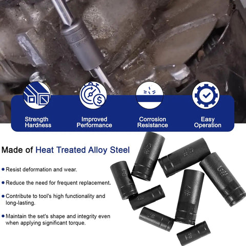 Tap Socket Set For One Quarter Inch And Three Eighth Inch Drive Pro Grade Fits Fractional MCTI Standard Taps Through One Half Inch And One Eighth NPT Taps Plus Metric Taps Through Twelve Millimeter Eight Piece Kit shown with heat treated alloy steel sockets