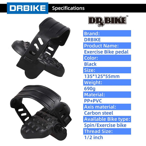 Solid One Half Inch Spindle Stationary Bike Pedals With Adjustable Strap And Toe Clip For Recumbent And Exercise Bikes, 1 Pair, Black, Durable, Slip Resistant Replacement Pedals shown with specifications.