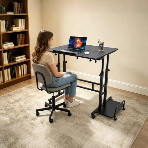 Smooth Operator Height Adjustable Standing Desk With Heavy Duty Steel Build And Six Easy Roll Wheels For Ergonomic Sit Stand Office Setup To Level Up Your Grind, female user at desk.