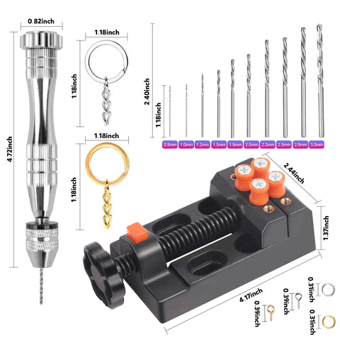 All In One Grab And Go Hand Drill Kit With Pin Vise And Drill Press Vise For DIY Jewelry And Keychain Making Includes 1 Steel Pin Vise 10 Drill Bits 0.8-3mm 210 Keychain Supplies For Epoxy Resin Jewelry Necklaces Earrings And Other Crafts visible with components and size dimensions.