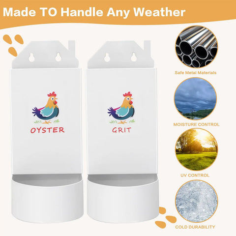 Heavy Gauge Hanging Chicken Grit And Oyster Shell Feeder with cartoon chicken graphics for outdoor use and weather resistance.