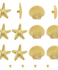 Twelve piece set of gold cabinet knobs featuring starfish and seashell designs for coastal vibe upgrade.