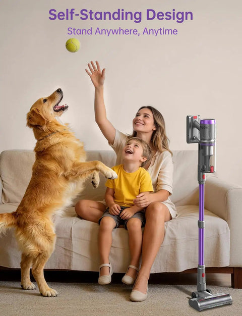 Woman and child playing with a dog beside a Heavy Duty Cordless Stick Vacuum, 60KPa Beast Suction, 650W Motor, Self Standing.