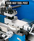 Four-way tool post on Badass Seven By Fourteen Inch Bench Top Metal Lathe With Zero To Two Thousand Five Hundred Variable Speed RPM.