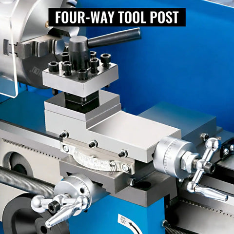 Four-way tool post on Badass Seven By Fourteen Inch Bench Top Metal Lathe With Zero To Two Thousand Five Hundred Variable Speed RPM.