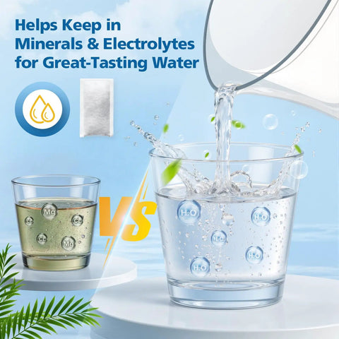 Illustration comparing mineral-rich water with Six Replacement Filters For Refillable Water Filtration System for cleaner water.