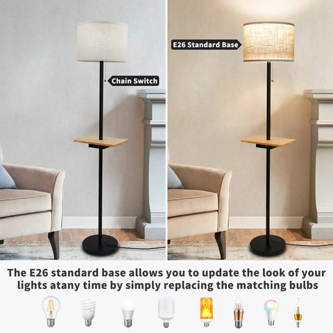 Dope Modern Floor Lamp With Dual USB Ports And Rectangle Tray Table, 60 Inches Tall, Linen Shade, Pull Chain, Easy Setup