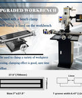 Built Tough Benchtop Mill Drill Press With Dead On Accurate 3 Axis DRO And Smooth X Axis Power Feed on upgraded workbench with clamp.