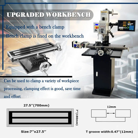 Built Tough Benchtop Mill Drill Press With Dead On Accurate 3 Axis DRO And Smooth X Axis Power Feed on upgraded workbench with clamp.