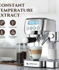 Top Shelf Espresso Machine With Auto Milk Frother, Pulls Dime Perfect Crema On 20 Bar Pressure, Smart Temp Control For Real Deal Home Coffee Setups In Sleek Silver brewing a latte with froth.