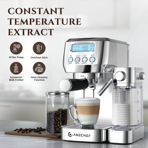 Kickass Automatic Espresso Machine With Upgraded Milk Frother And Twenty Bar Pressure For Straight Up Barista Vibes Plus Smooth Latte Coffee Maker With Lcd Screen and glass cup of coffee.