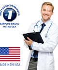 Doctor recommending Soft Moldable Silicone Earplugs For Kids Size, 200 Pair Dispenser, USA flag, highlighting product quality