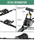No Sweat Hauling Self Retracting Ratchet Straps 1500 Lb Break Strength showing ergonomic handle and automatic webbing recovery for cargo tie down.