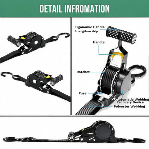 No Sweat Hauling Self Retracting Ratchet Straps 1500 Lb Break Strength showing ergonomic handle and automatic webbing recovery for cargo tie down.