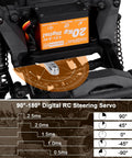 Beefy Waterproof High Torque RC Servo With Metal Gears 20Kg 25T Horn installed in RC car showcasing 180° swing and response time graphics