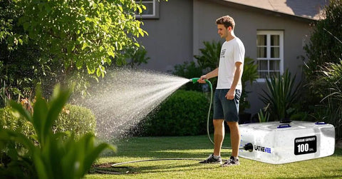 Person using 50 Gallon Collapsible Water Storage Bladder With Spigot For Emergency Prep in garden