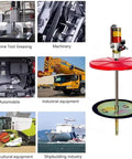 Heavy Duty Pneumatic Grease Pump For 55 Gallon Drums With 16 Foot Hose And Follower Plate Pro Grade Aluminum Body shown with industrial machinery.
