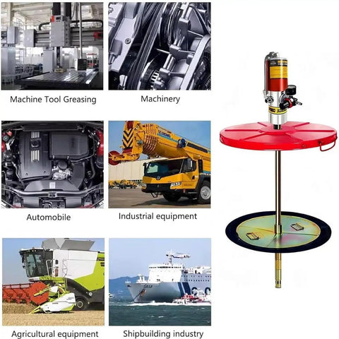 Heavy Duty Pneumatic Grease Pump For 55 Gallon Drums With 16 Foot Hose And Follower Plate Pro Grade Aluminum Body shown with industrial machinery.
