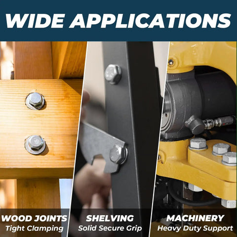 Wide applications of Six Piece Set 3/8-16 Stainless Steel Hex Head Screws Bolts With Nuts in wood, shelving, and machinery.