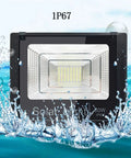 JUDYSSY Solar Flood Lights 60W Solar Outdoor Patio Lighting in water, showcasing IP67 waterproof rating and LED design.