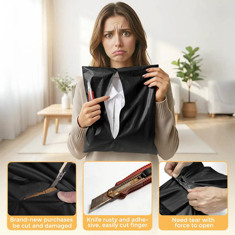 Woman showing damaged contents from Black 14.5x19 Inch Poly Mailers, 50 Pack, Heavy Duty Self Adhesive Bags With Tear Strip For Clothes.
