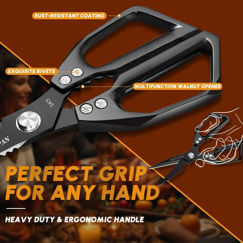 Two Color Kitchen Shears Set With Silver And Black Blades For Food Prep Japanese Steel Kitchen Scissors For Quick Cuts Built Tough Cooking Shears Made For Home Chefs And Everyday Kitchen Tasks, black ergonomic handle with rivets