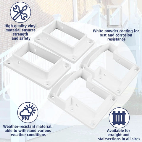 Vinyl Fence Railing Bracket Kit With Screws For 2x3.5 Inch Rails, Straight Porch And Deck Railing Brackets, White Finish, Easy Install, Includes Two T-Shaped Brackets, Two Standard Brackets, Self Drilling Screws, PVC Hole Plugs
