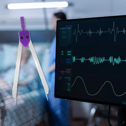 Must Have ECG Caliper For Nurses And Doctors A Pro Grade Stainless Steel Electrocardiogram Divider With Ruler To Measure EKG Wave Segments, Protective Cover, Purple Finish For Medical Students And Healthcare Pros on ECG chart beside monitor
