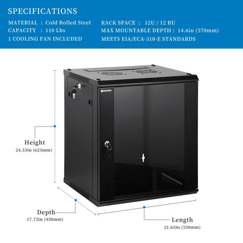 Rock Solid 12U Wall Mount Network Rack Cabinet Featuring Locking Tempered Glass Door Quiet Cooling Fan And Hassle Free Rail System For 19 Inch Server And AV Gear