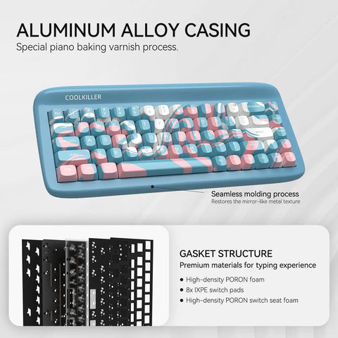 Premium Sixty Five Percent Wireless Mechanical Keyboard Featuring Slick Aluminum Body, Gasket Mount Feel, showing glossy aluminum casing and gasket structure.