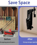 Before and after images of a floor jack; left: jack on floor, right: mounted on wall using Floor Jack Wall Mount Organizer Brackets.