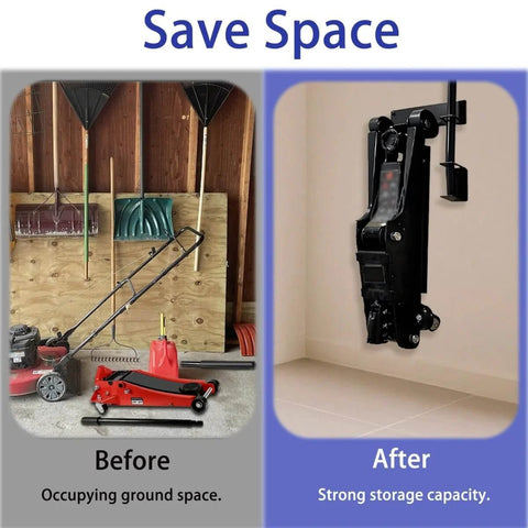 Before and after images of a floor jack; left: jack on floor, right: mounted on wall using Floor Jack Wall Mount Organizer Brackets.
